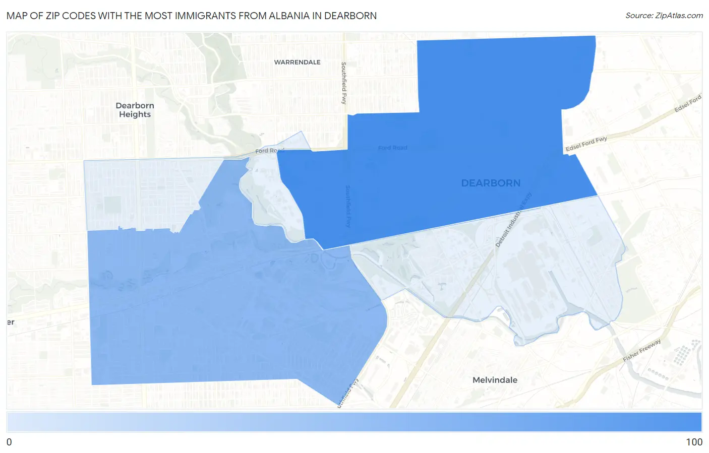 Zip Codes with the Most Immigrants from Albania in Dearborn Map