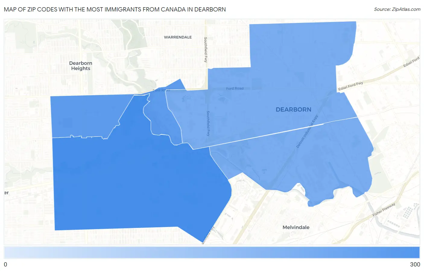 Zip Codes with the Most Immigrants from Canada in Dearborn Map