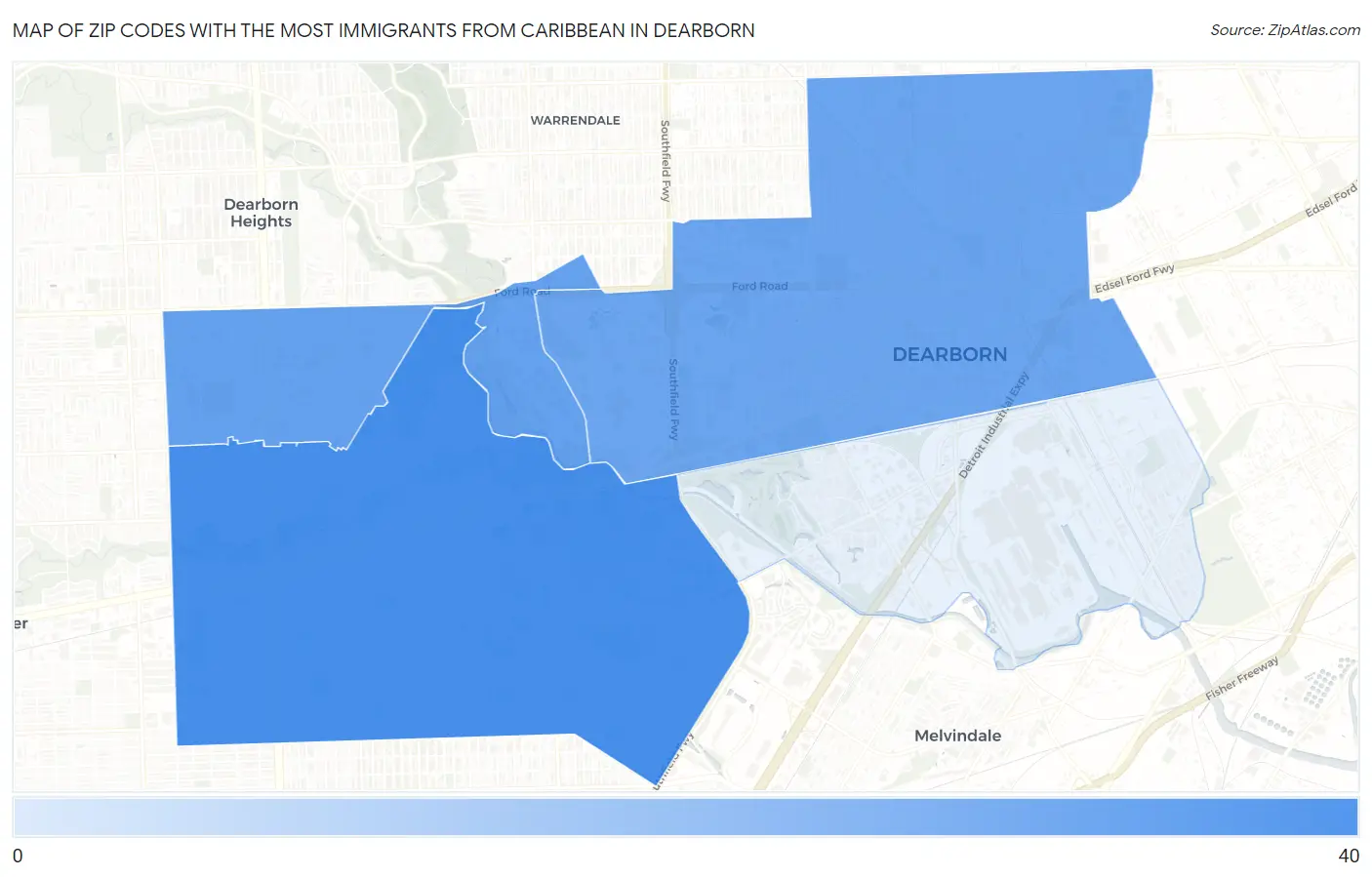 Zip Codes with the Most Immigrants from Caribbean in Dearborn Map