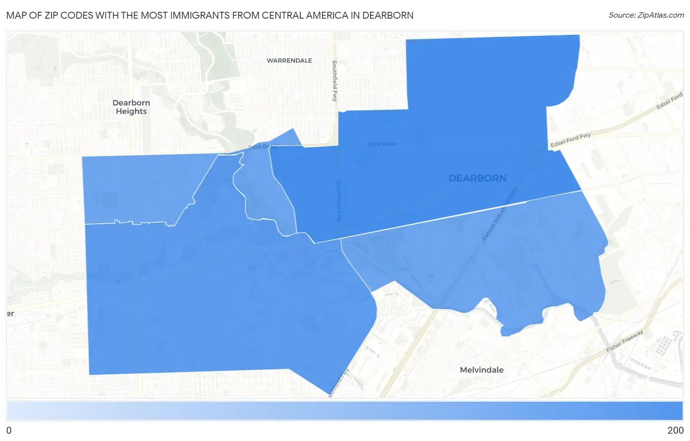 Zip Codes with the Most Immigrants from Central America in Dearborn Map