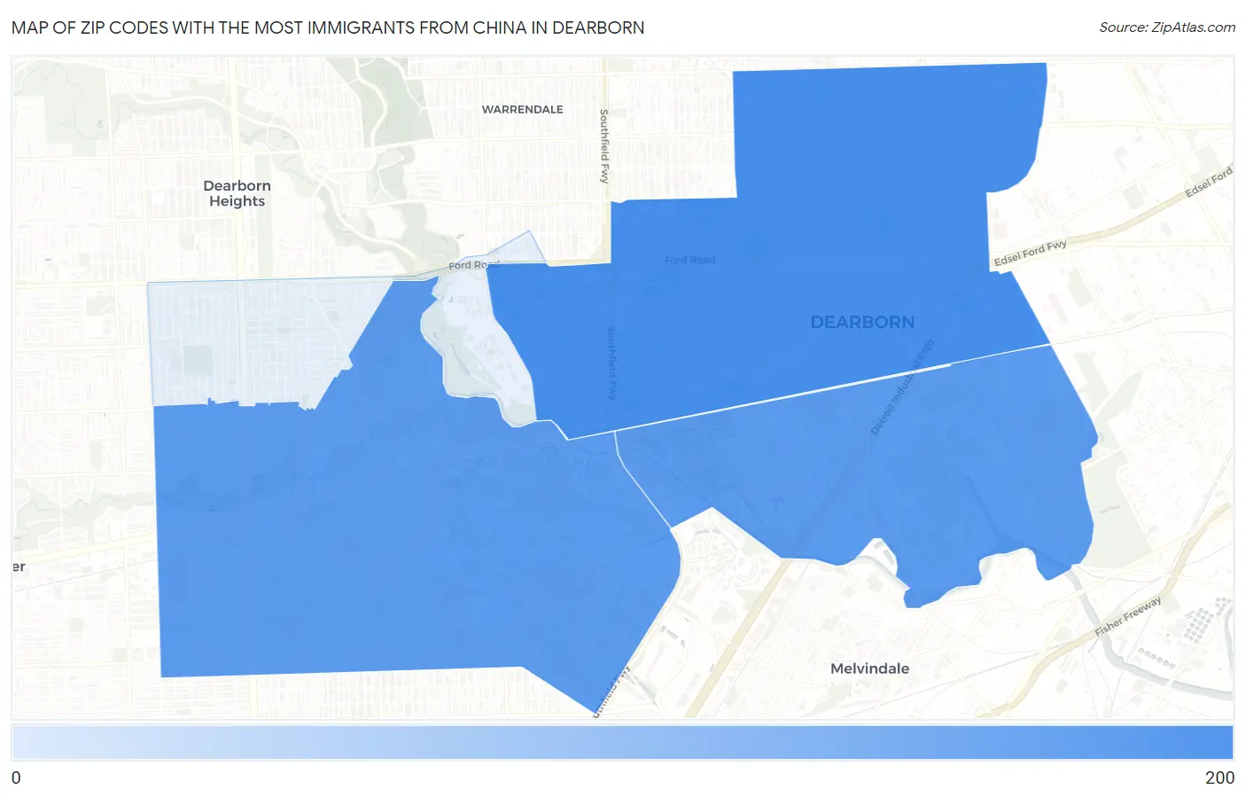 Zip Codes with the Most Immigrants from China in Dearborn Map
