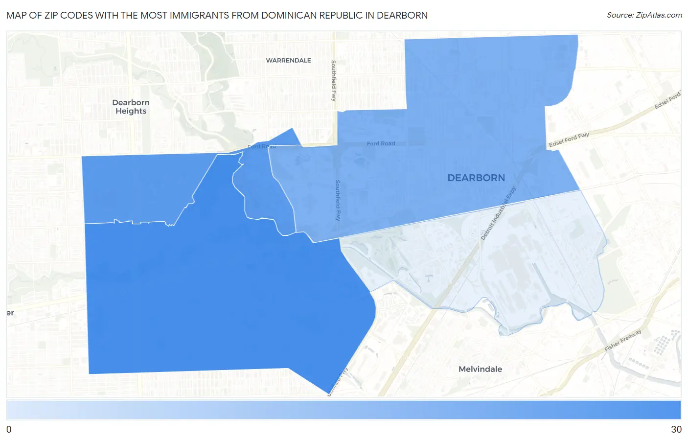 Zip Codes with the Most Immigrants from Dominican Republic in Dearborn Map