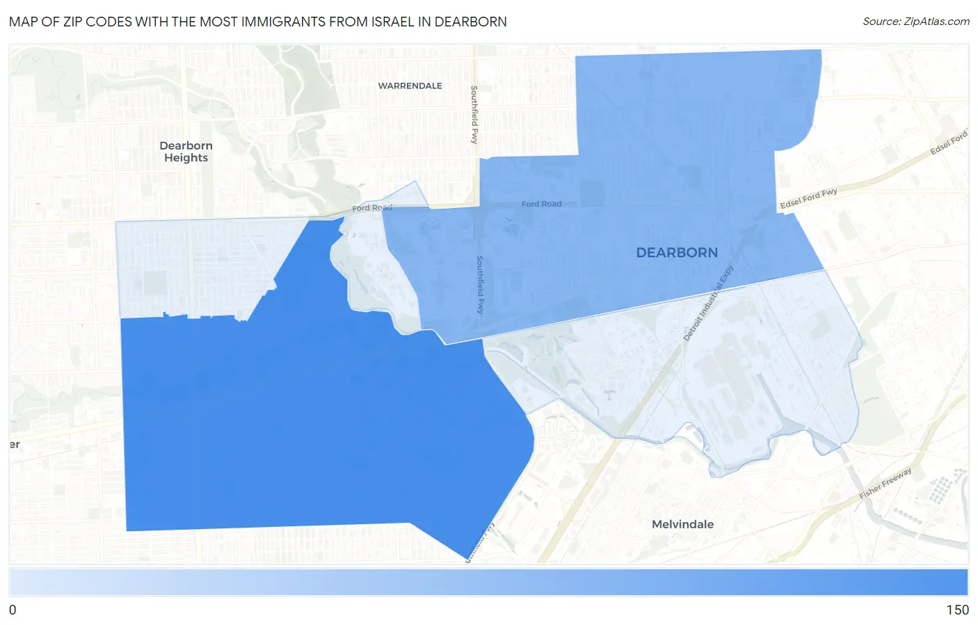 Zip Codes with the Most Immigrants from Israel in Dearborn Map