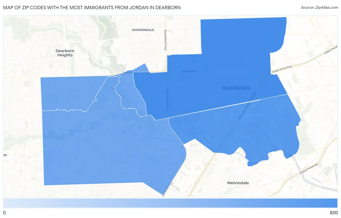 Zip Codes with the Most Immigrants from Jordan in Dearborn Map