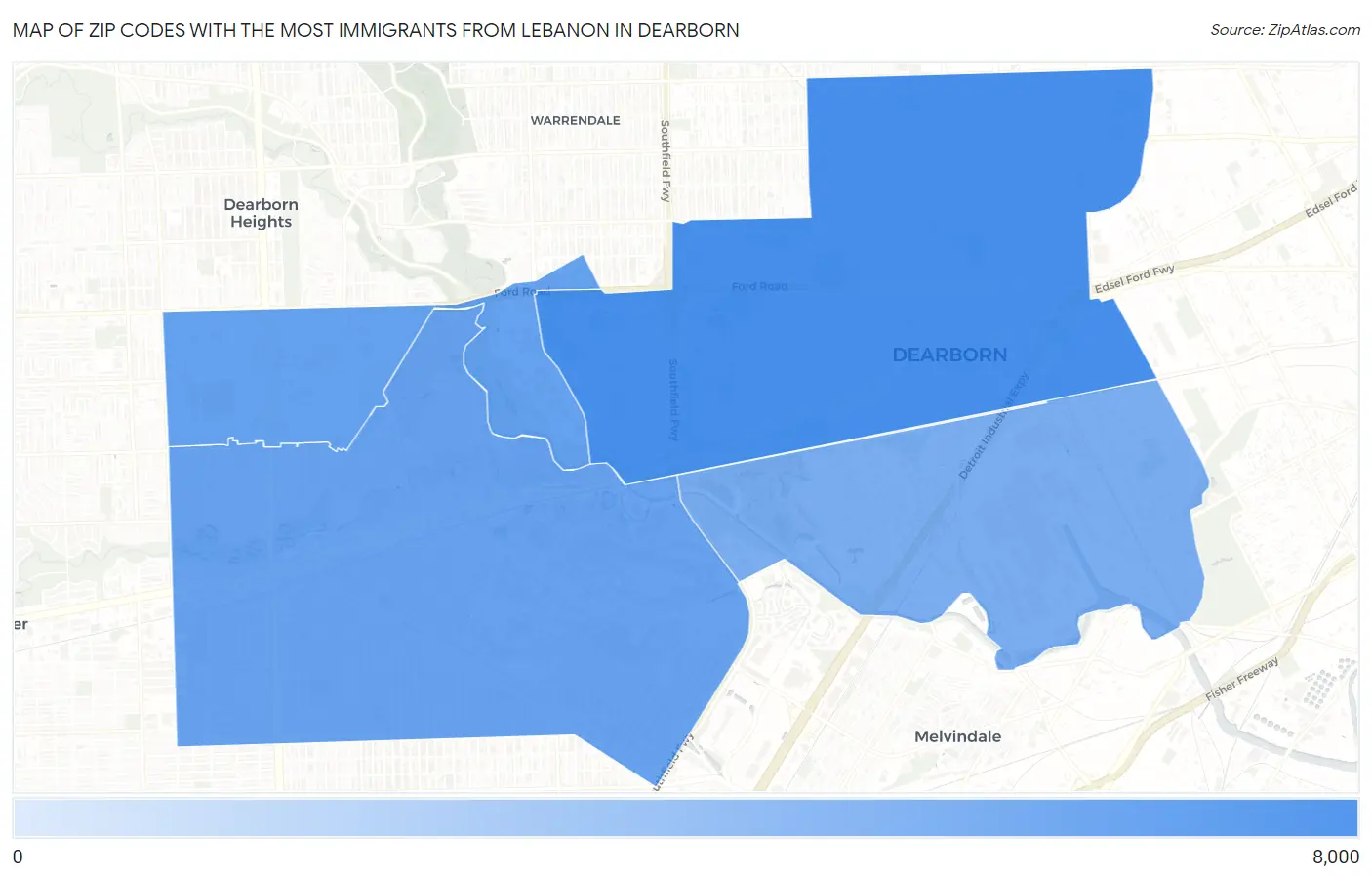 Zip Codes with the Most Immigrants from Lebanon in Dearborn Map