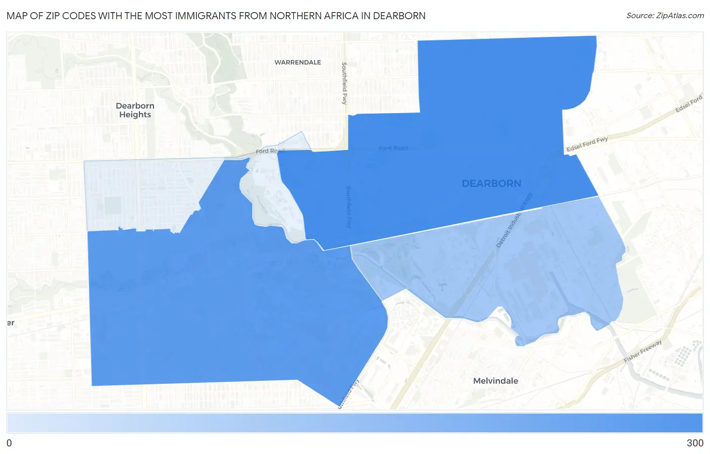 Zip Codes with the Most Immigrants from Northern Africa in Dearborn Map