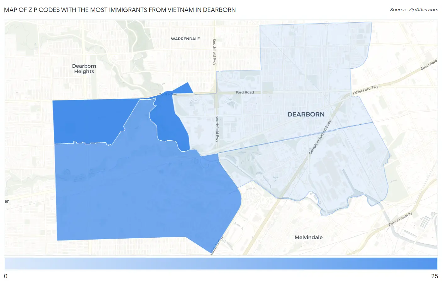 Zip Codes with the Most Immigrants from Vietnam in Dearborn Map