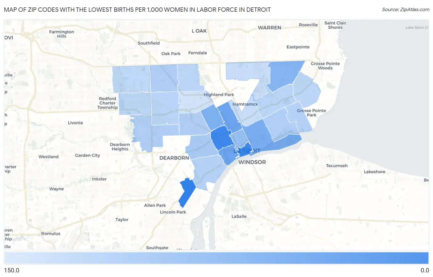 Zip Codes with the Lowest Births per 1,000 Women in Labor Force in Detroit Map