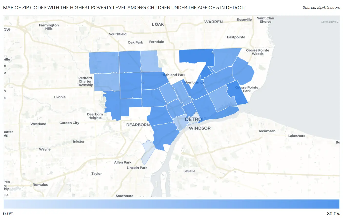 Zip Codes with the Highest Poverty Level Among Children Under the Age of 5 in Detroit Map