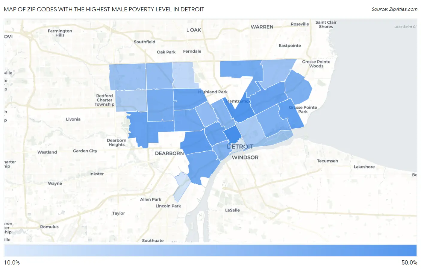 Zip Codes with the Highest Male Poverty Level in Detroit Map