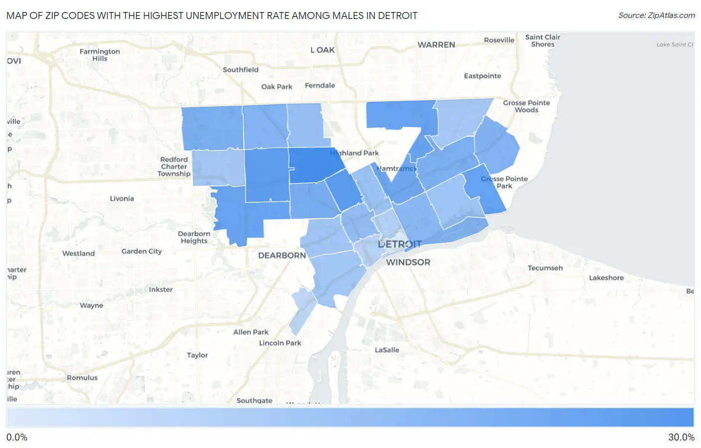 Zip Codes with the Highest Unemployment Rate Among Males in Detroit Map