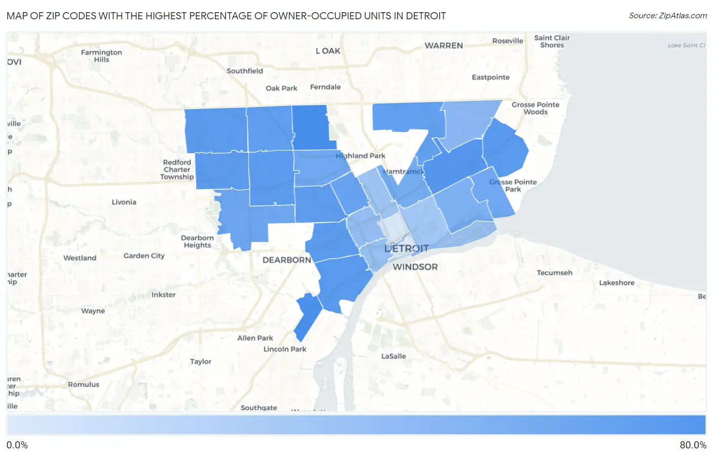 Zip Codes with the Highest Percentage of Owner-Occupied Units in Detroit Map