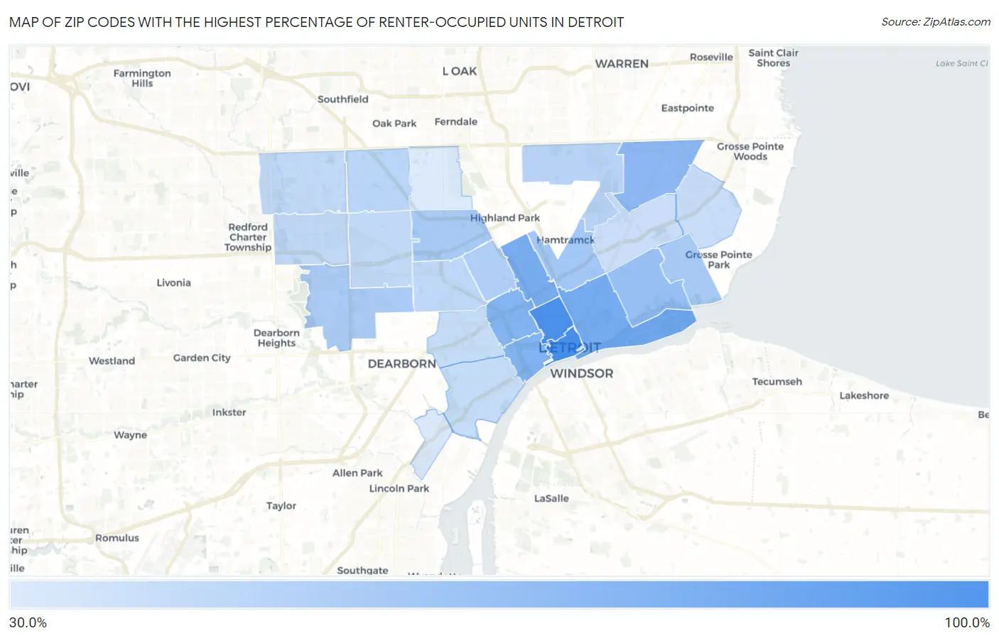 Zip Codes with the Highest Percentage of Renter-Occupied Units in Detroit Map
