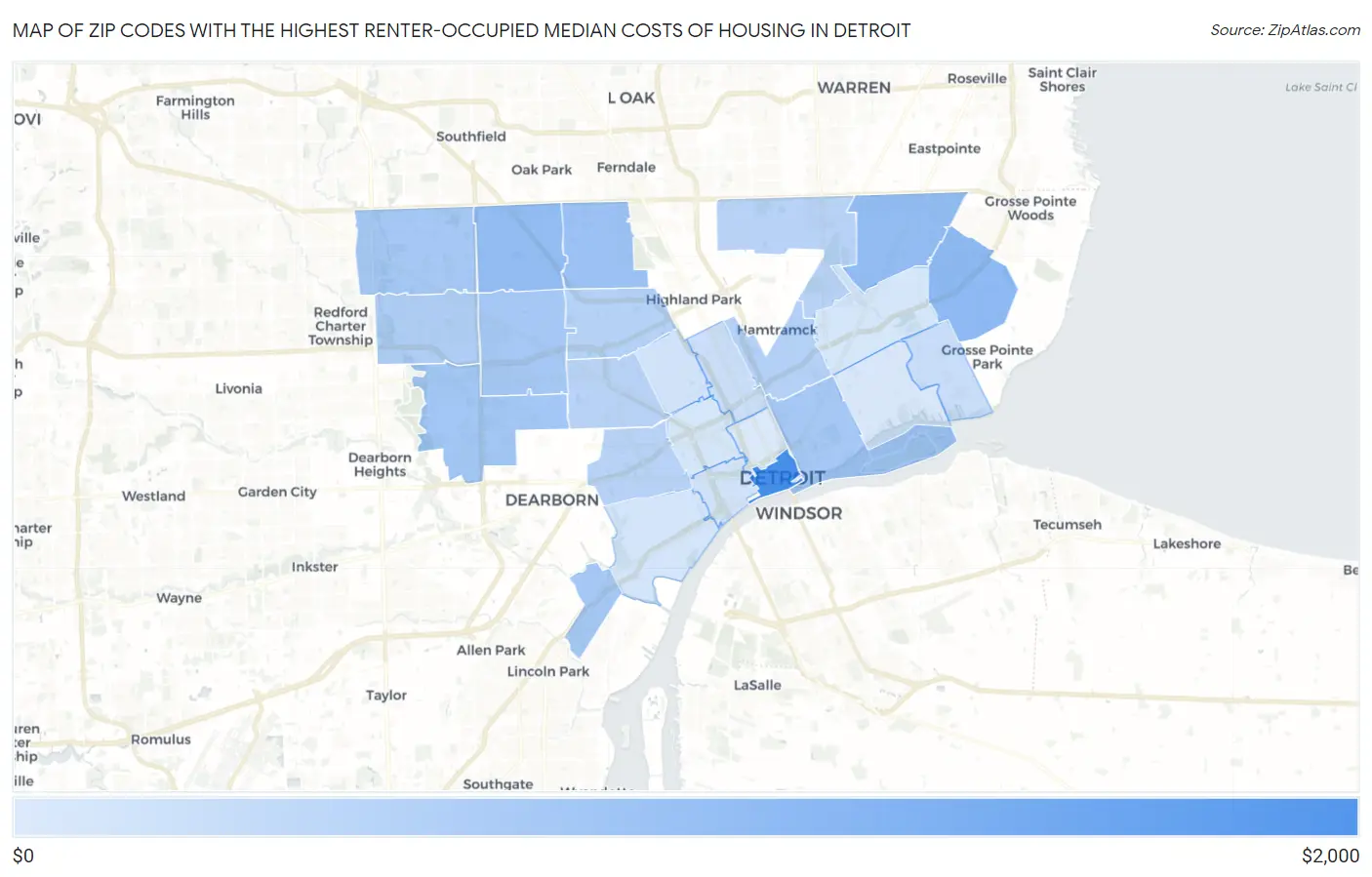 Zip Codes with the Highest Renter-Occupied Median Costs of Housing in Detroit Map
