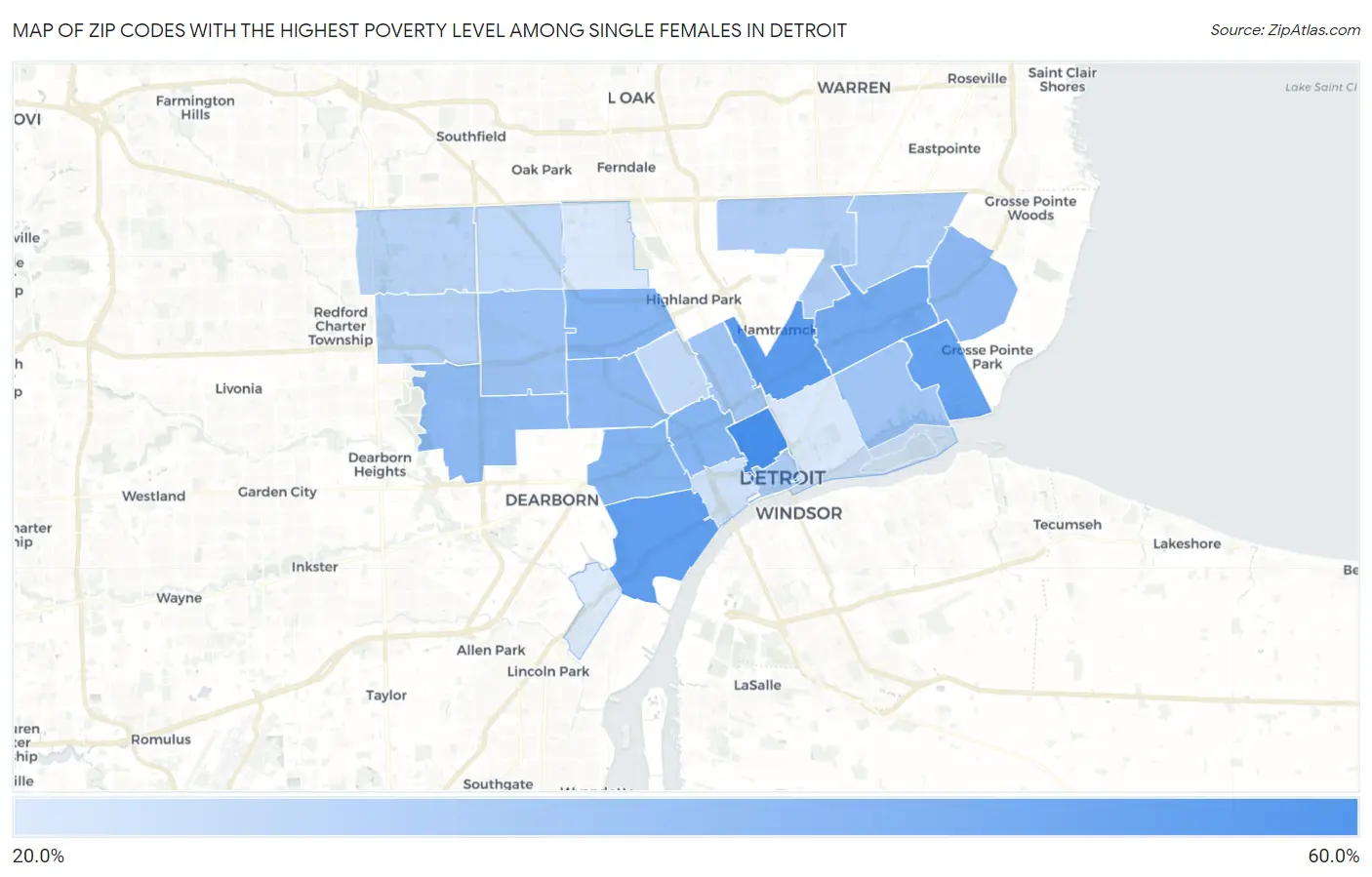 Zip Codes with the Highest Poverty Level Among Single Females in Detroit Map