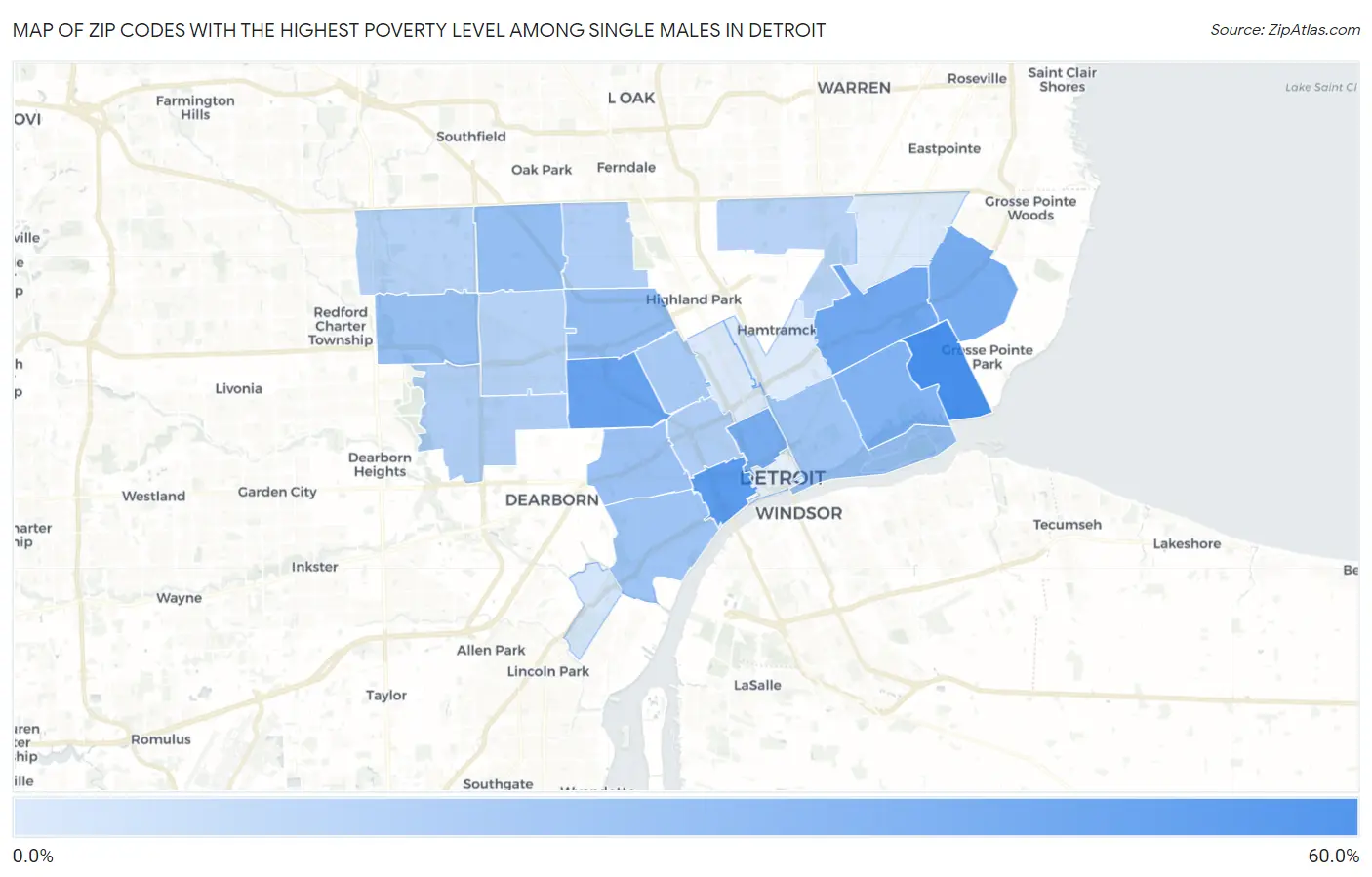 Zip Codes with the Highest Poverty Level Among Single Males in Detroit Map