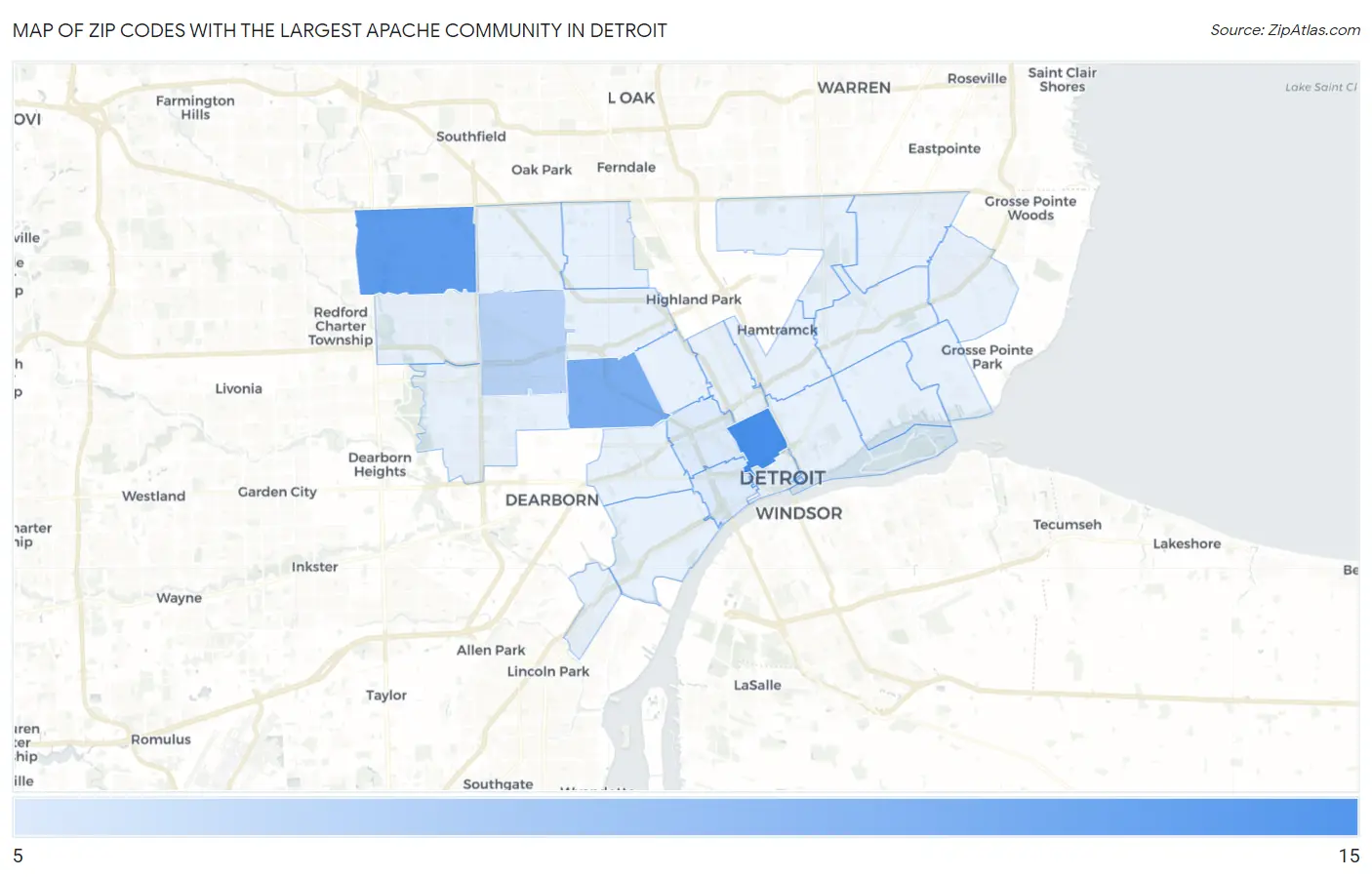 Zip Codes with the Largest Apache Community in Detroit Map