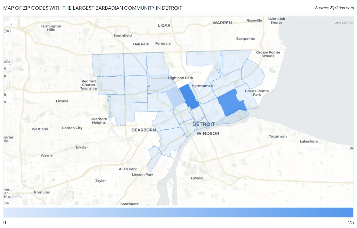 Zip Codes with the Largest Barbadian Community in Detroit Map
