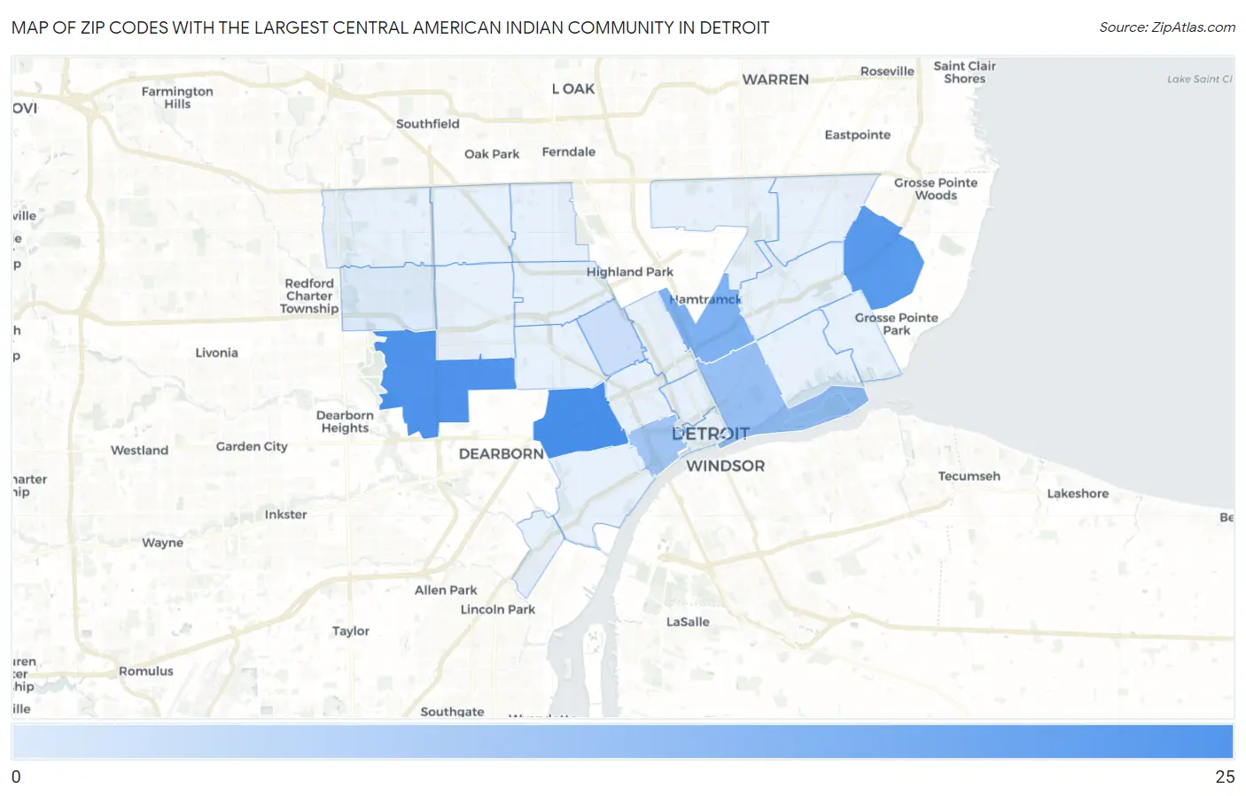 Zip Codes with the Largest Central American Indian Community in Detroit Map