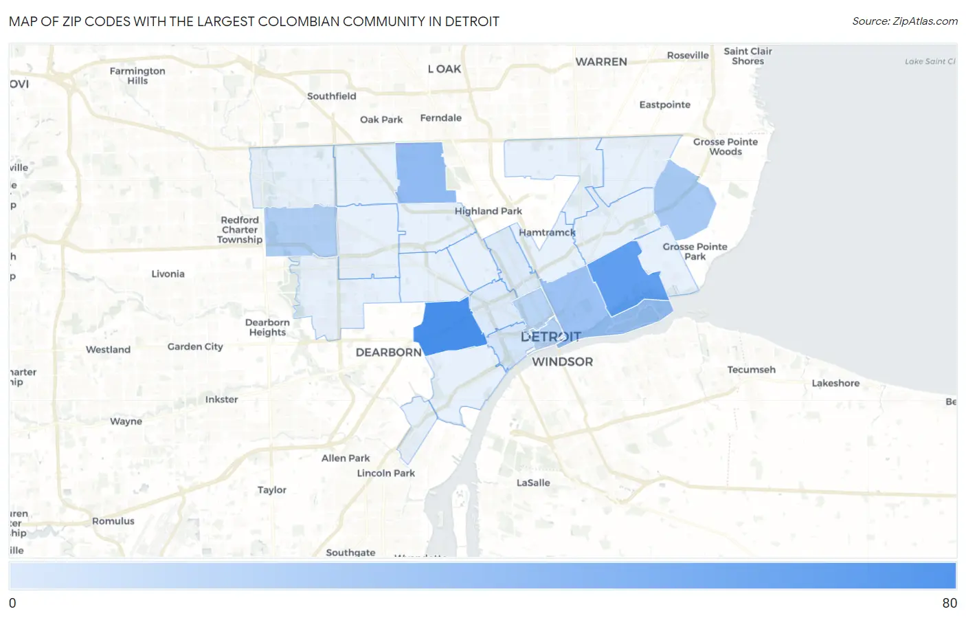 Zip Codes with the Largest Colombian Community in Detroit Map