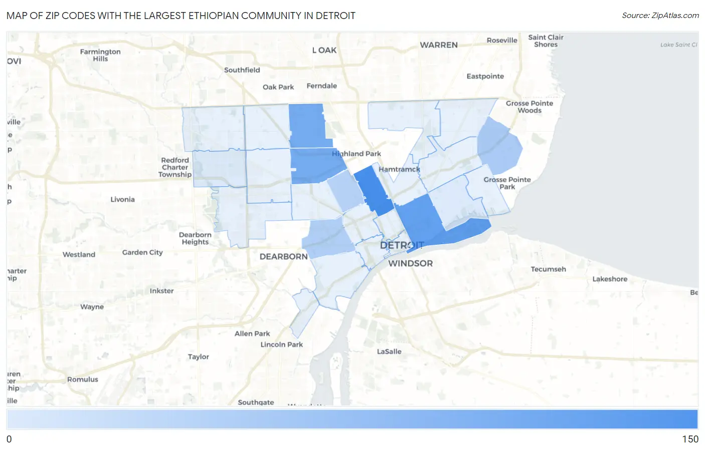 Zip Codes with the Largest Ethiopian Community in Detroit Map