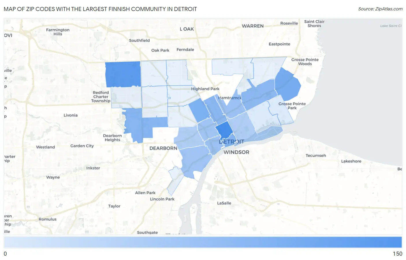 Zip Codes with the Largest Finnish Community in Detroit Map