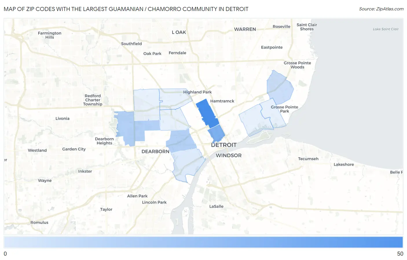 Zip Codes with the Largest Guamanian / Chamorro Community in Detroit Map