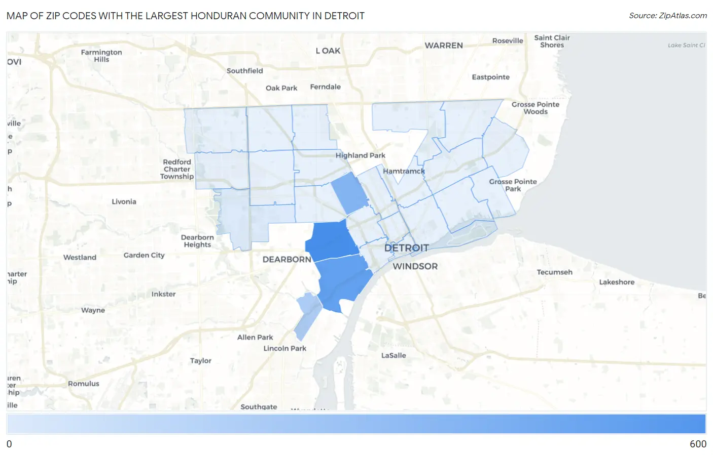 Zip Codes with the Largest Honduran Community in Detroit Map
