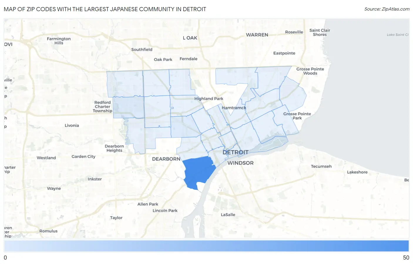 Zip Codes with the Largest Japanese Community in Detroit Map