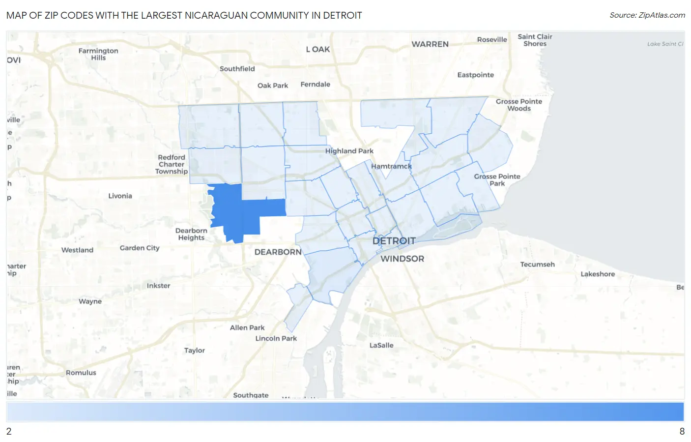 Zip Codes with the Largest Nicaraguan Community in Detroit Map