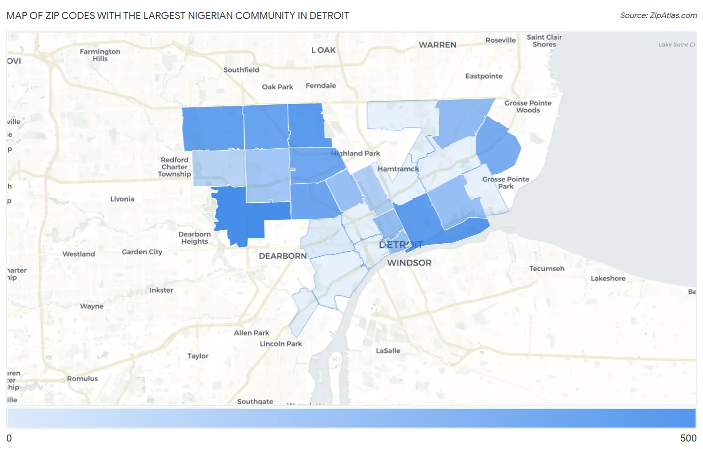 Zip Codes with the Largest Nigerian Community in Detroit Map