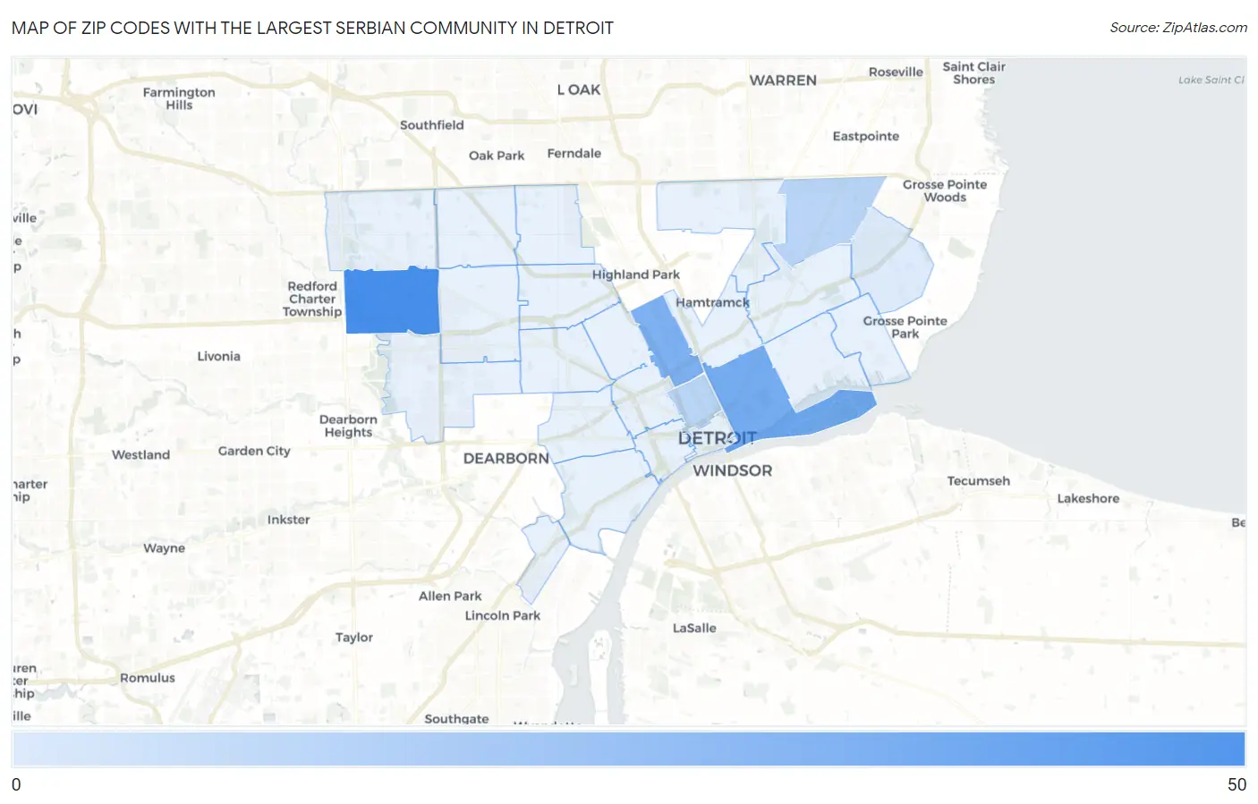 Zip Codes with the Largest Serbian Community in Detroit Map