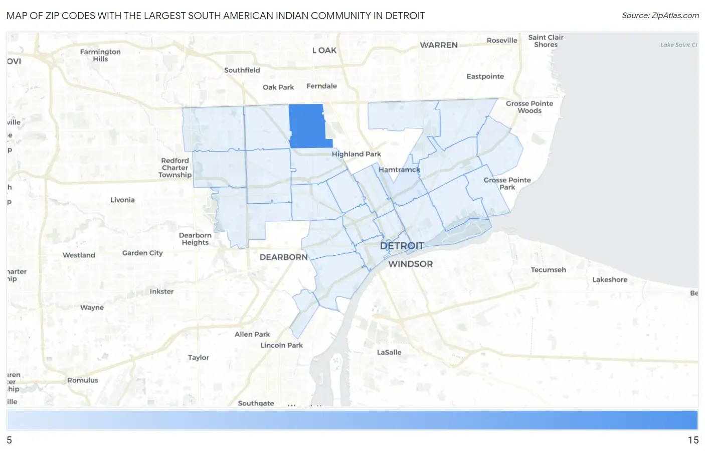 Zip Codes with the Largest South American Indian Community in Detroit Map