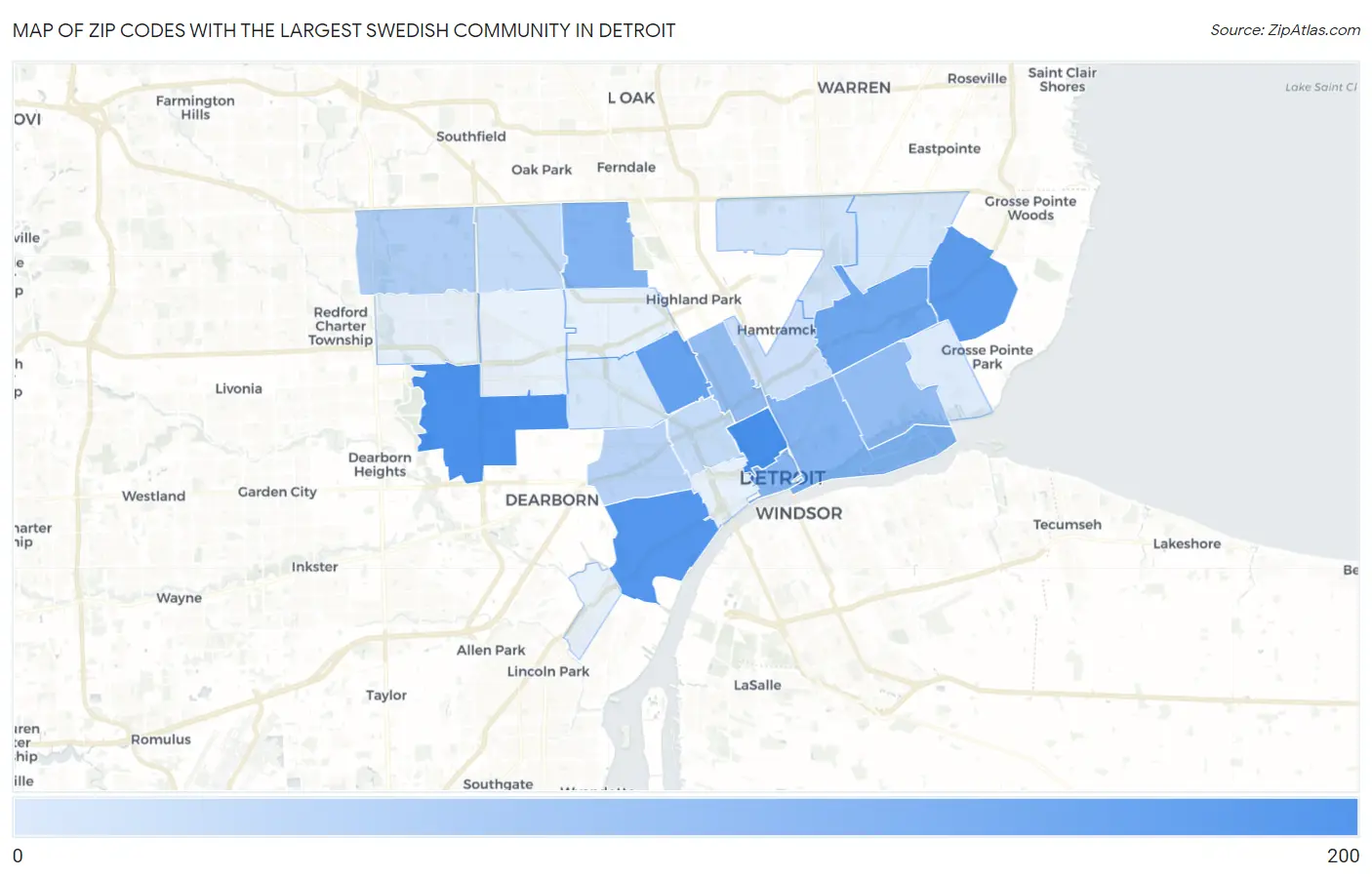 Zip Codes with the Largest Swedish Community in Detroit Map