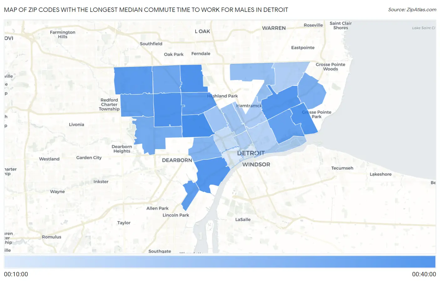 Zip Codes with the Longest Median Commute Time to Work for Males in Detroit Map