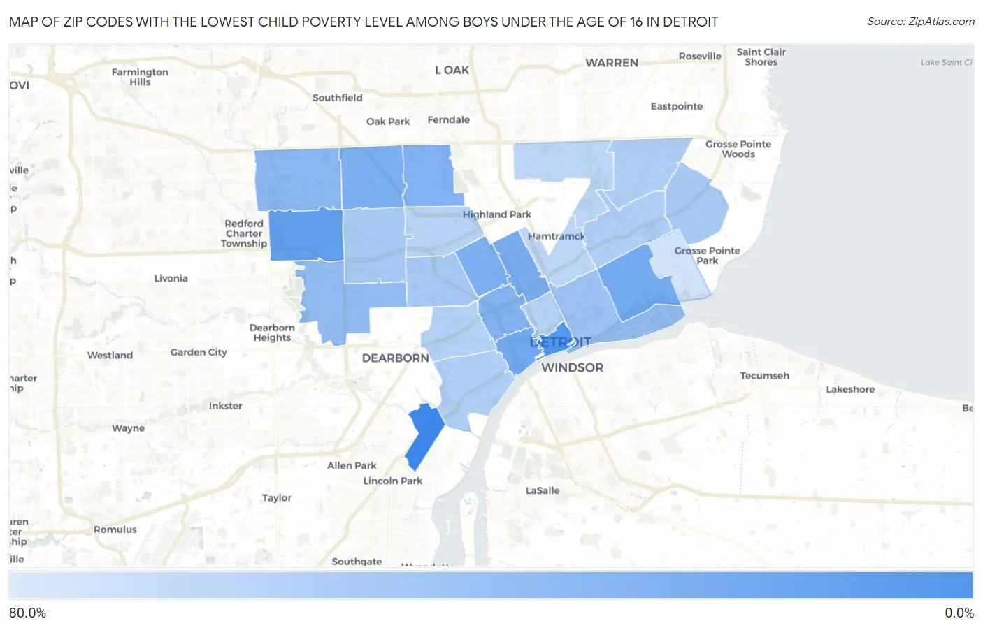 Zip Codes with the Lowest Child Poverty Level Among Boys Under the Age of 16 in Detroit Map