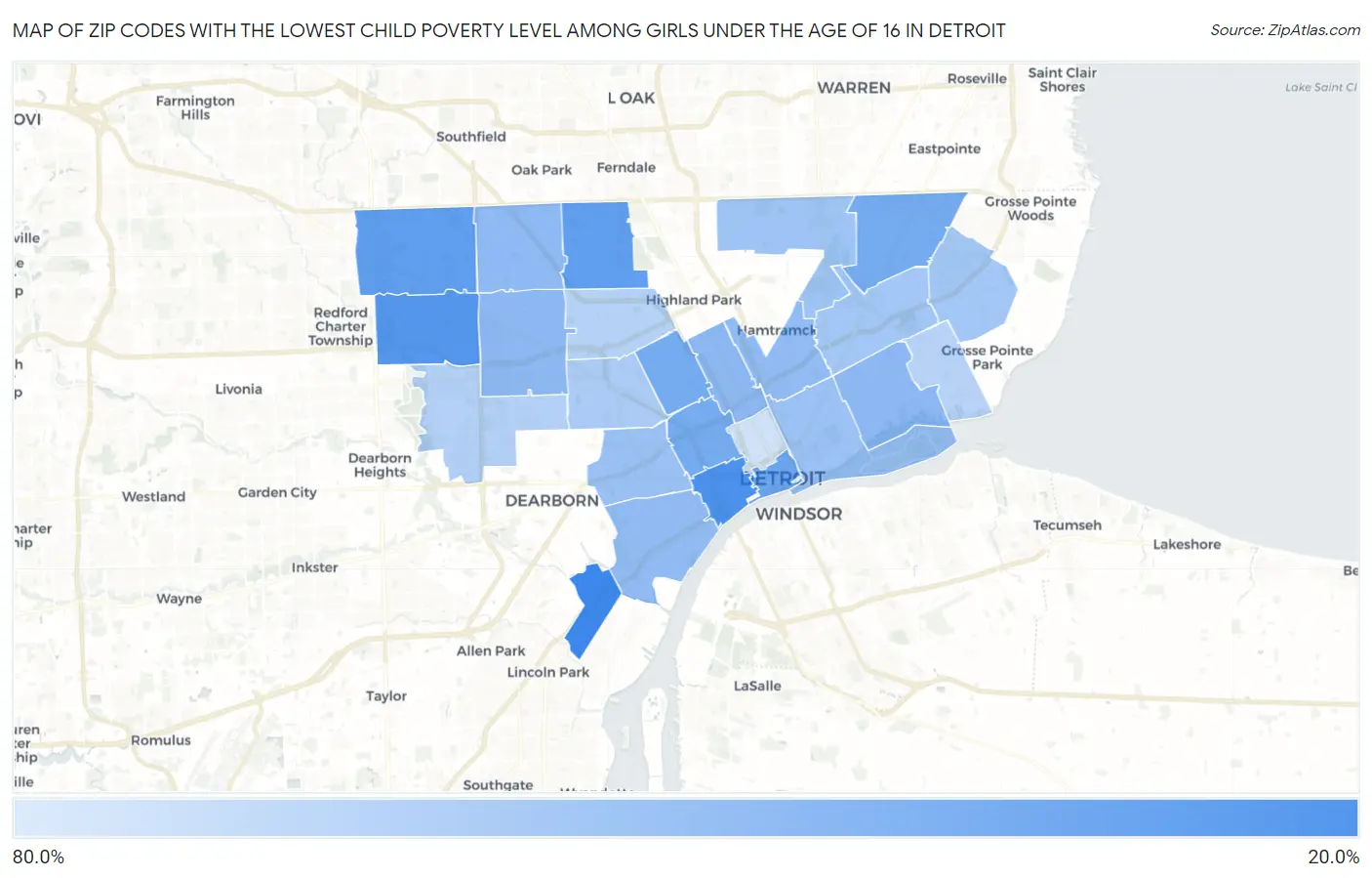 Zip Codes with the Lowest Child Poverty Level Among Girls Under the Age of 16 in Detroit Map