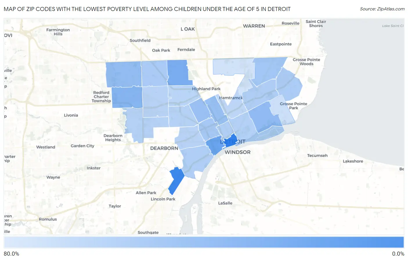 Zip Codes with the Lowest Poverty Level Among Children Under the Age of 5 in Detroit Map