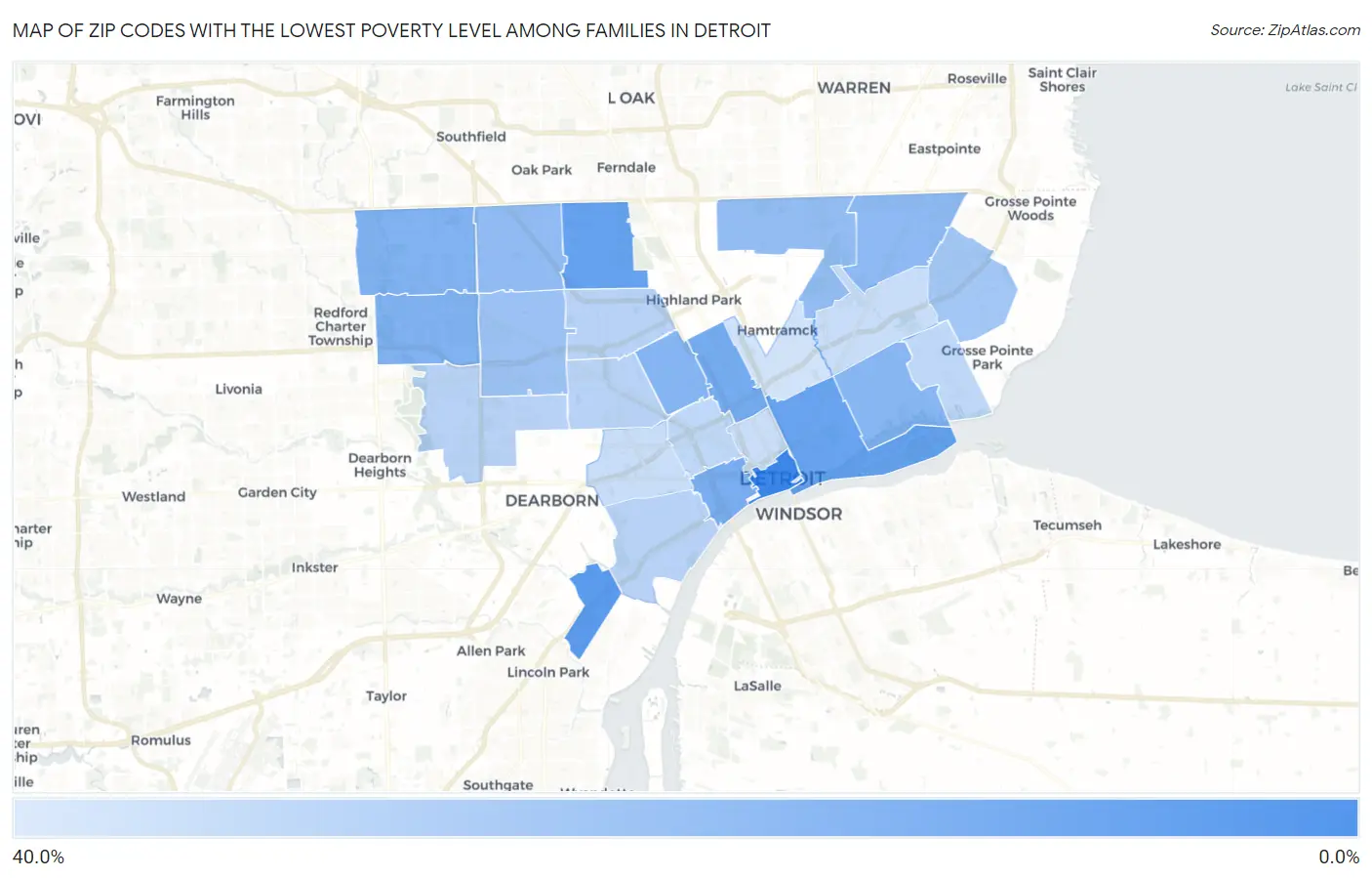 Zip Codes with the Lowest Poverty Level Among Families in Detroit Map