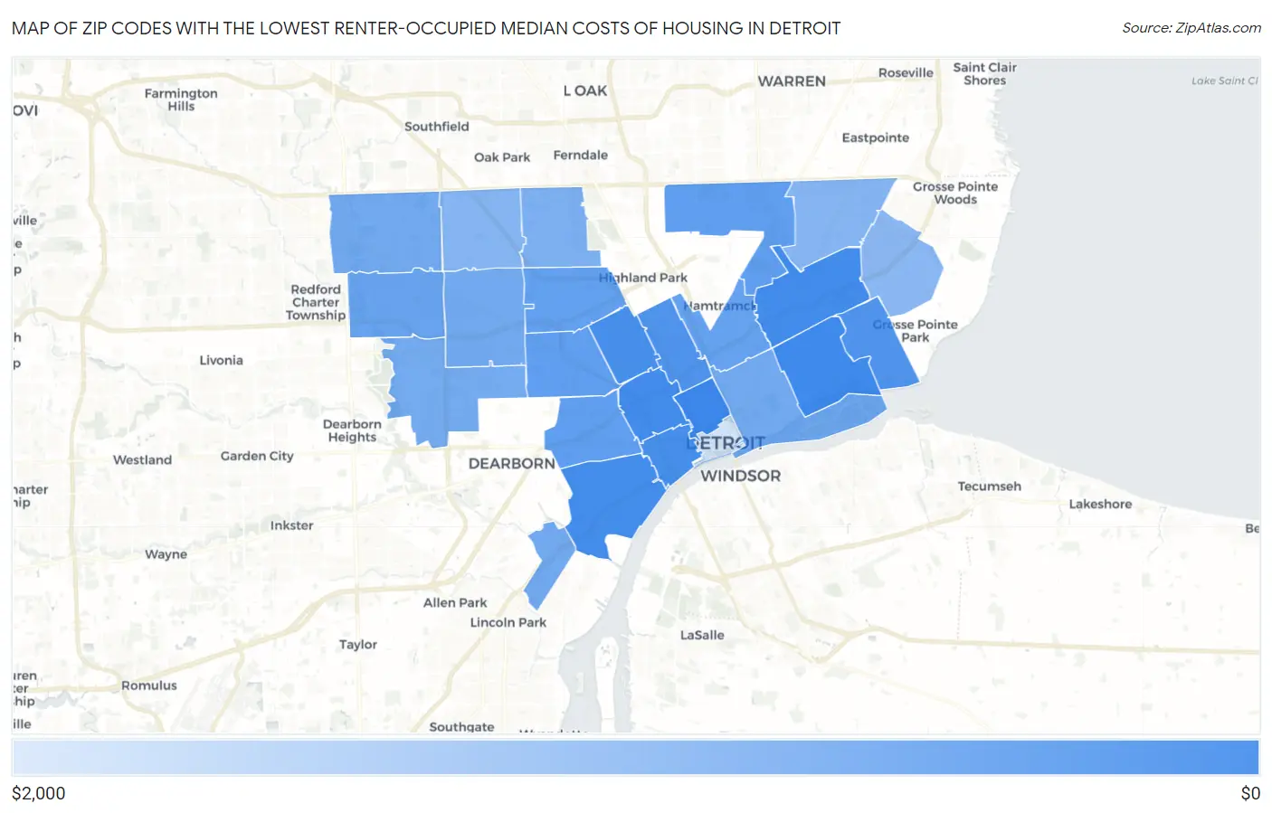 Zip Codes with the Lowest Renter-Occupied Median Costs of Housing in Detroit Map