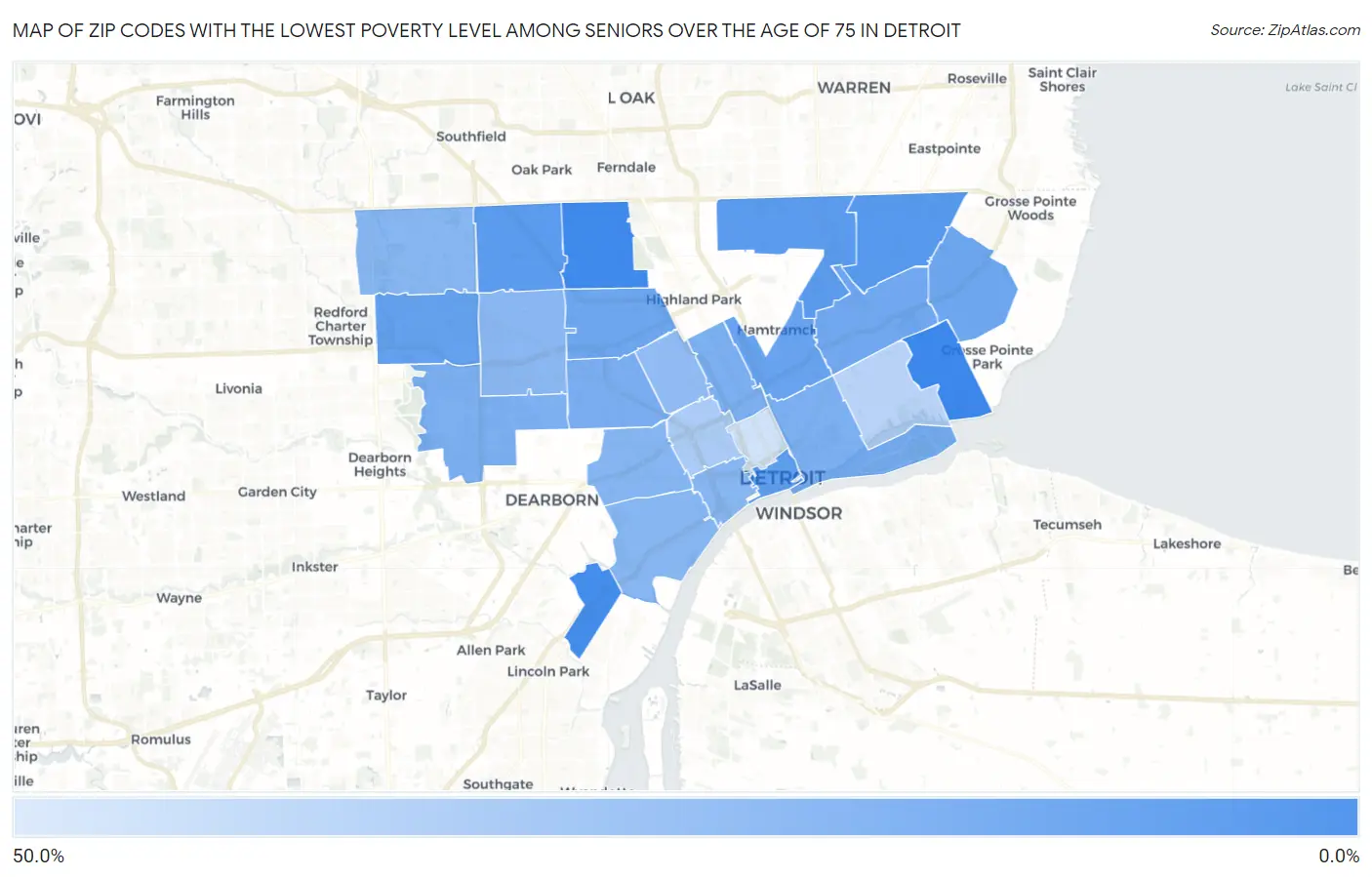 Zip Codes with the Lowest Poverty Level Among Seniors Over the Age of 75 in Detroit Map