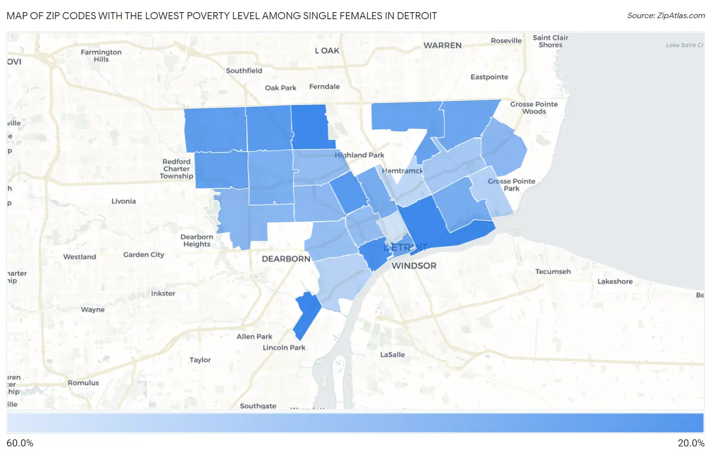 Zip Codes with the Lowest Poverty Level Among Single Females in Detroit Map