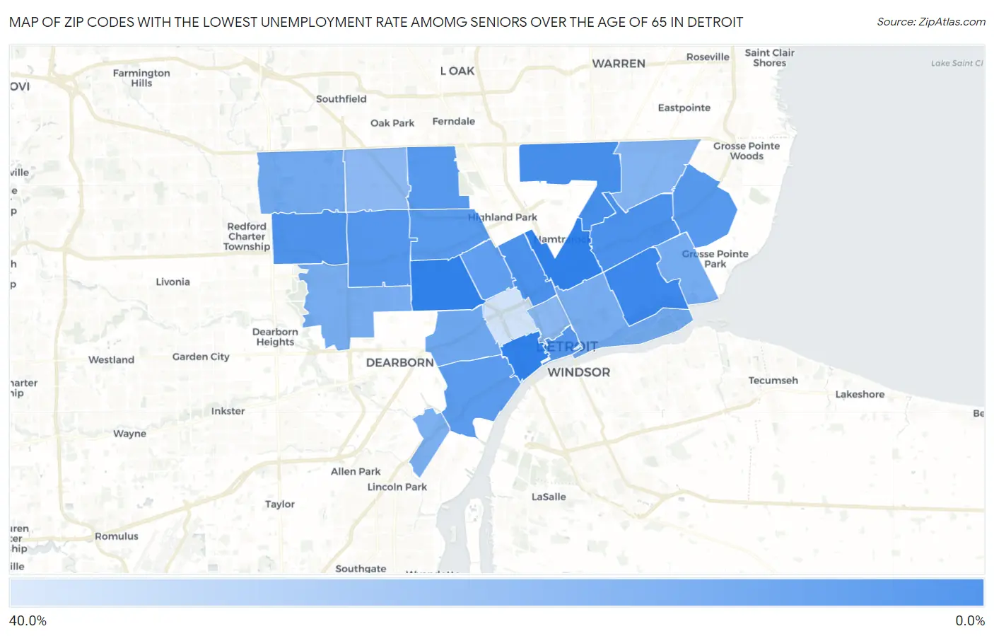 Zip Codes with the Lowest Unemployment Rate Amomg Seniors Over the Age of 65 in Detroit Map