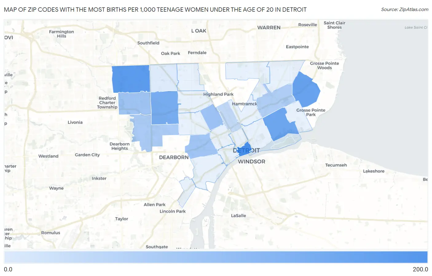 Zip Codes with the Most Births per 1,000 Teenage Women Under the Age of 20 in Detroit Map