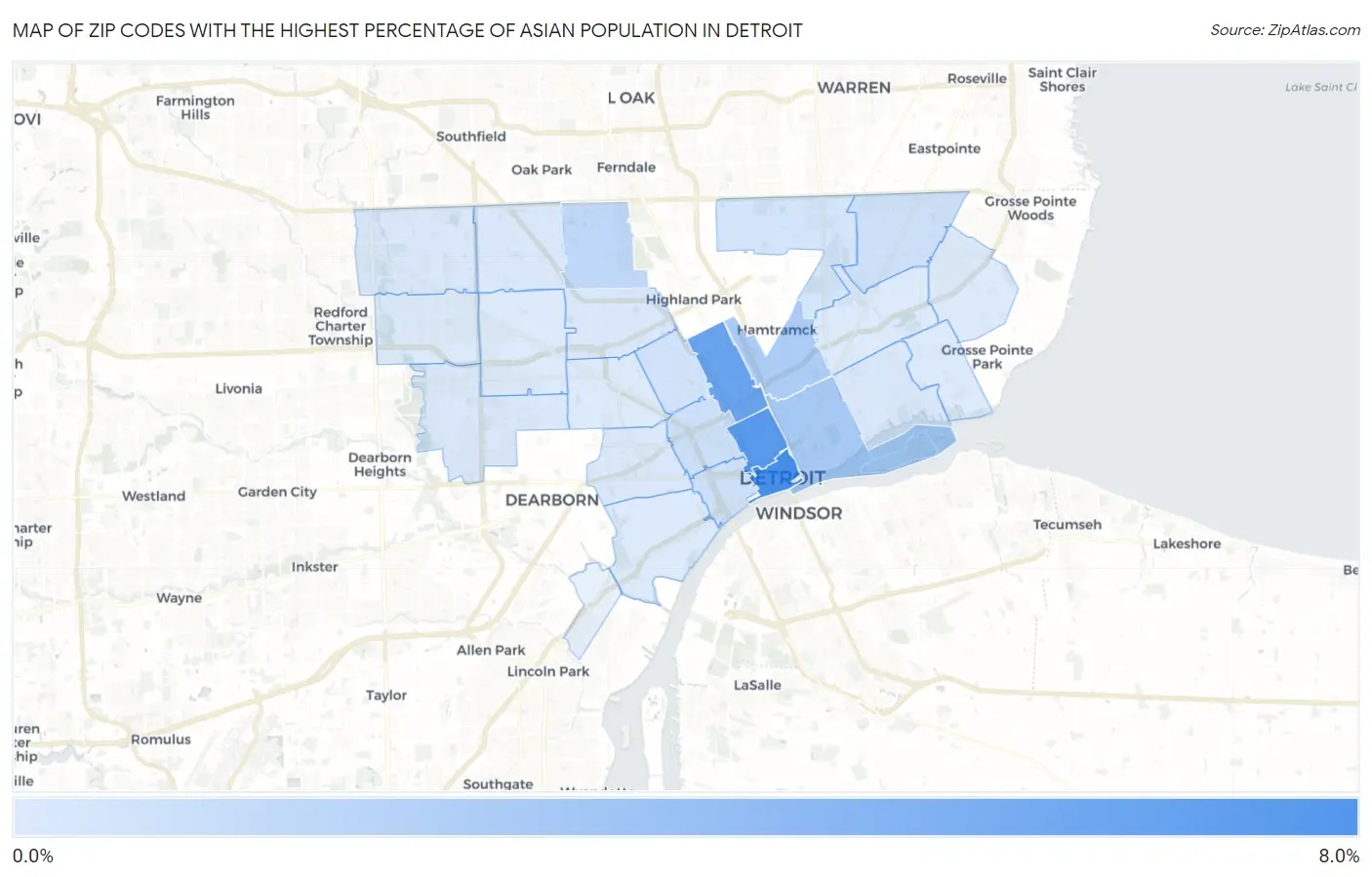 Zip Codes with the Highest Percentage of Asian Population in Detroit Map