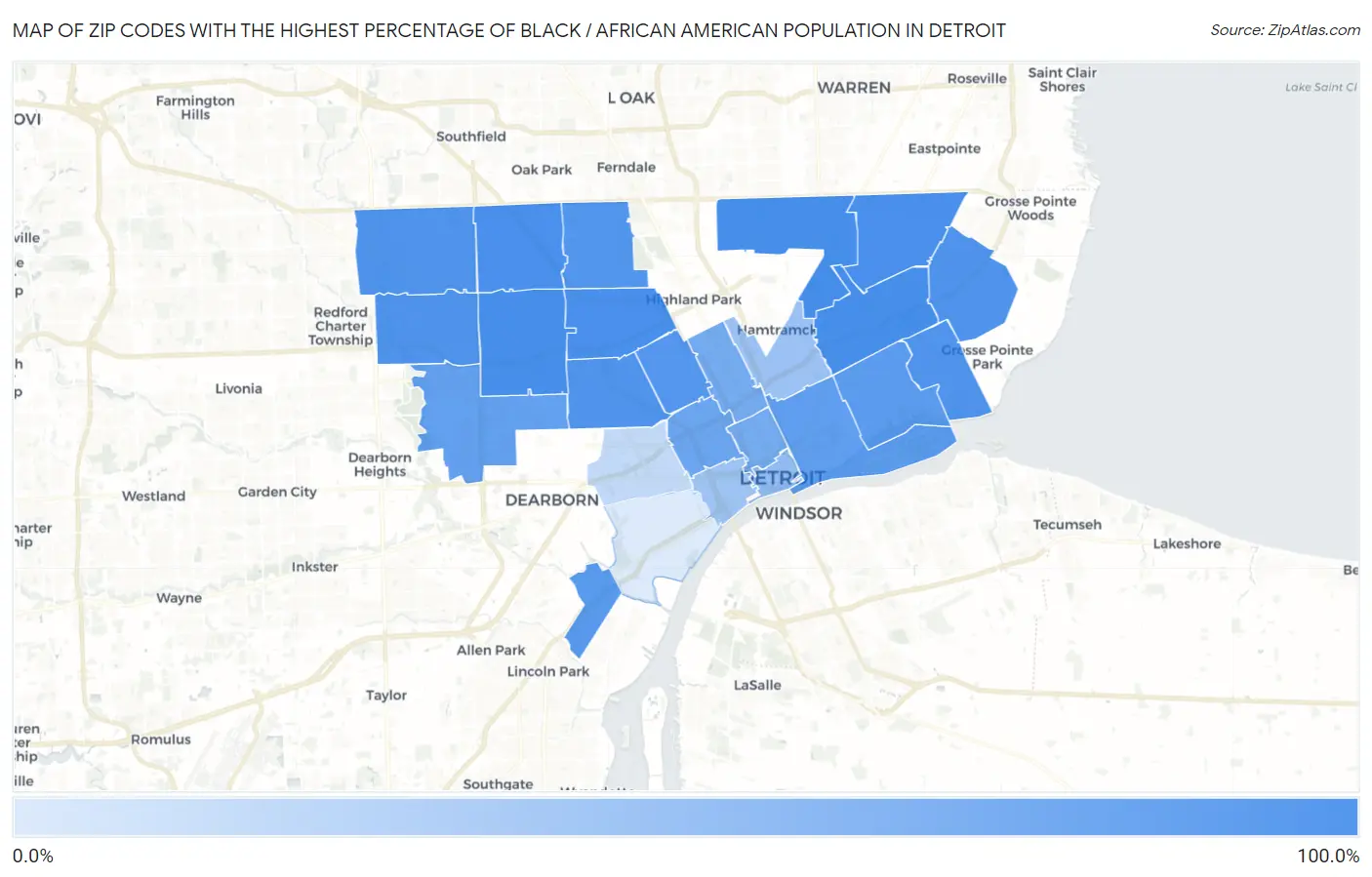 Zip Codes with the Highest Percentage of Black / African American Population in Detroit Map