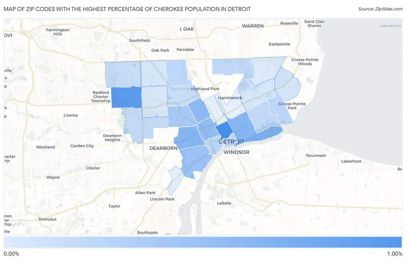 Zip Codes with the Highest Percentage of Cherokee Population in Detroit Map