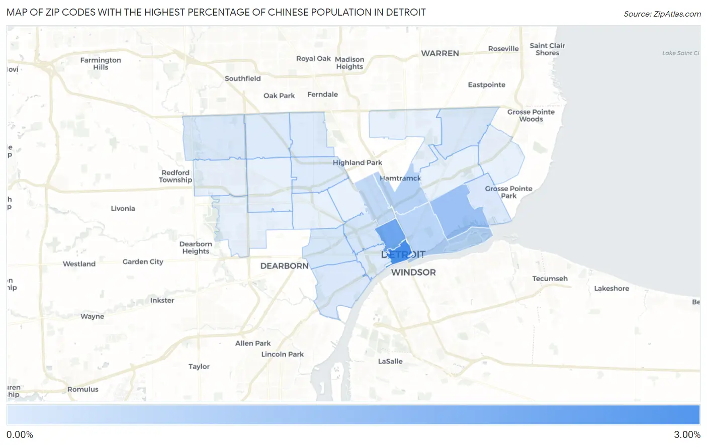 Zip Codes with the Highest Percentage of Chinese Population in Detroit Map