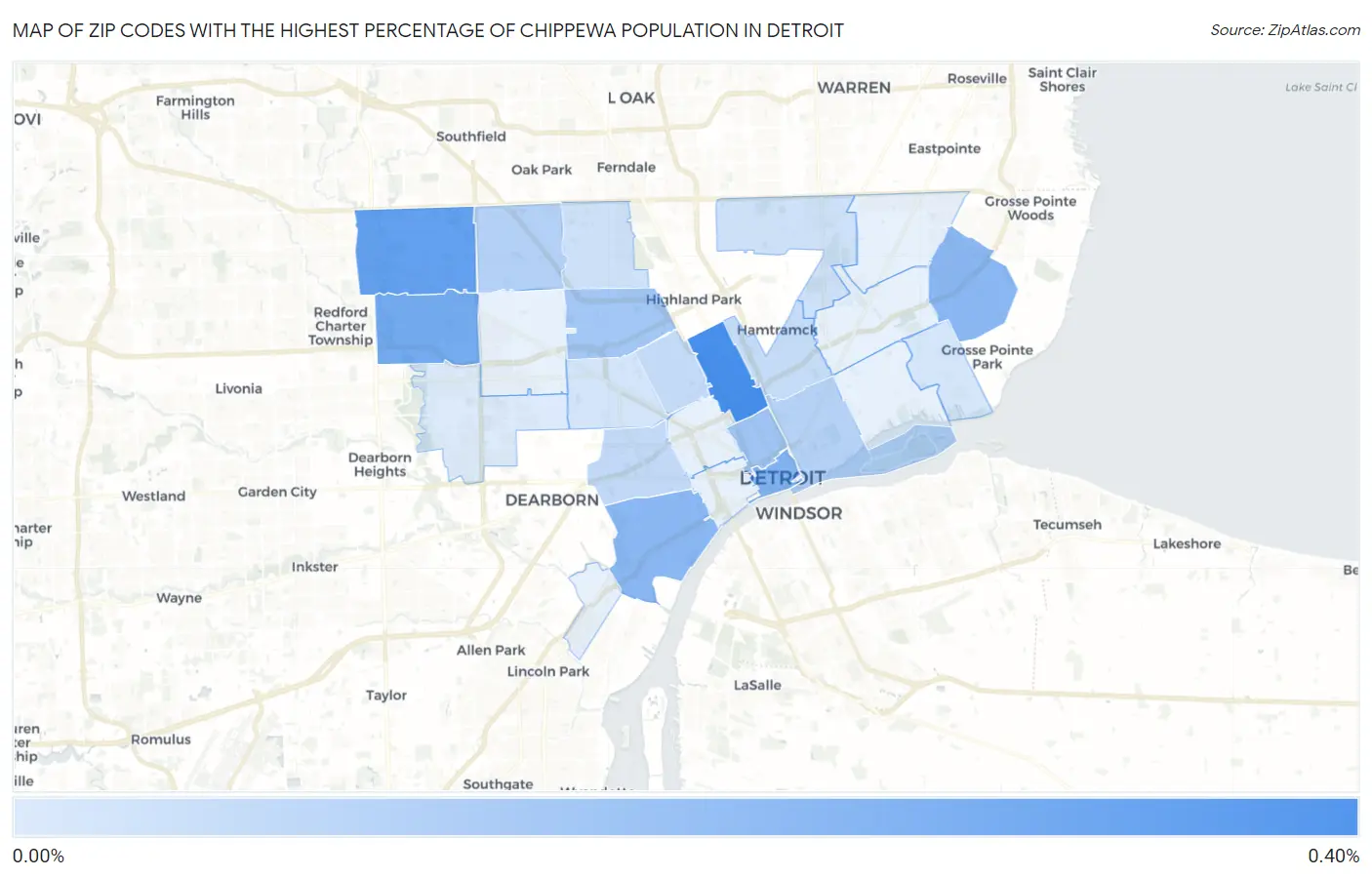 Zip Codes with the Highest Percentage of Chippewa Population in Detroit Map