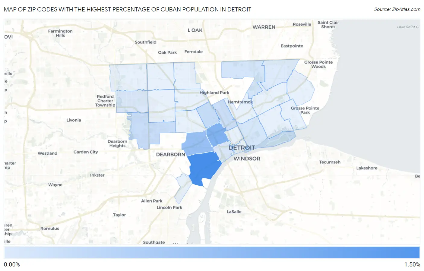 Zip Codes with the Highest Percentage of Cuban Population in Detroit Map